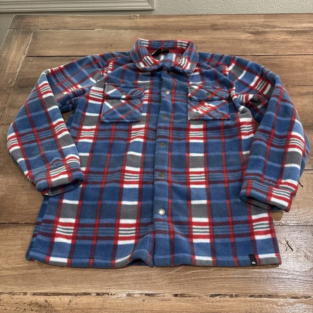 Quicksilver Flannel Shirt Youth Medium 14/16Blue Plaid Fleece Button Outdoor Top